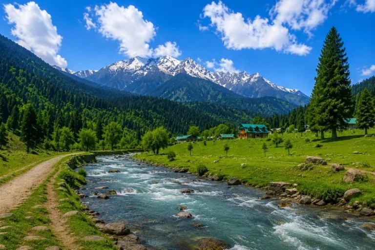 Sunny view of Pahalgam Valley of Shepherds in Kashmir with a flowing river, pine forests, lush meadows, and snow-capped mountains, ideal for a Kashmir honeymoon package 5 nights 6 days.